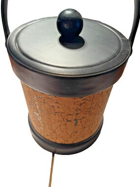 Kraftware Ice Bucket Black Faux Leather & Cork MCM Barware Lid Handle